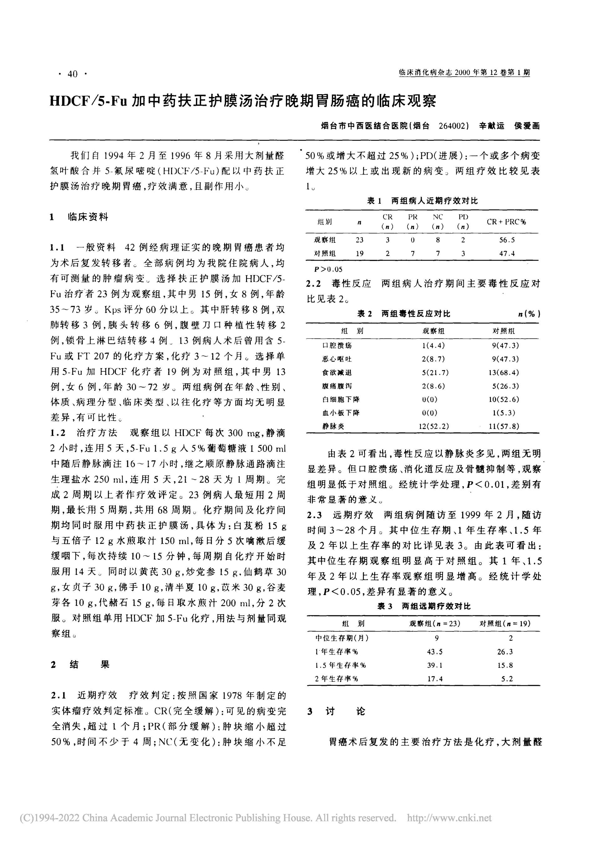 HDCF_5-Fu加中藥扶...湯治療晚期胃腸癌的臨床觀察_辛獻運